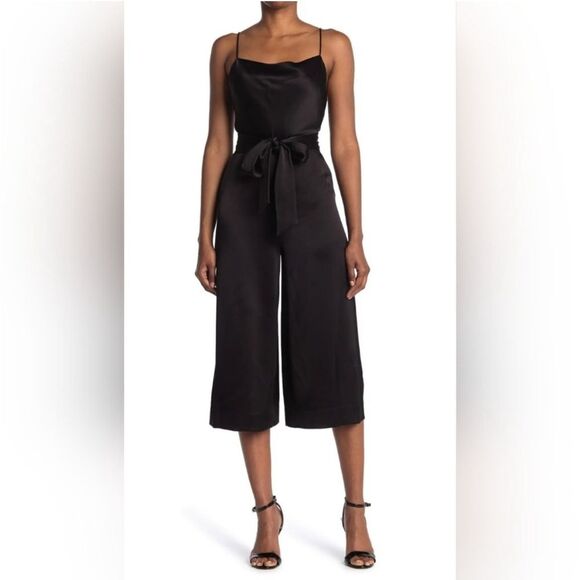 Alice + Olivia Harmon Cropped Belted Wide Leg Gaucho Satin Jumpsuit Black Size 2 - Picture 2 of 15
